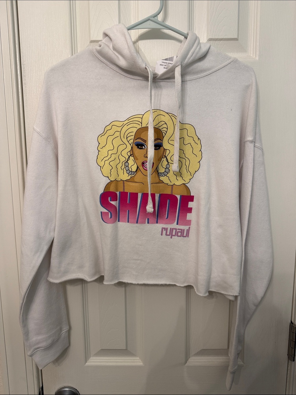 RuPaul 'SHADE' White Cropped Hoodie, direct from the Werq Room in Vegas